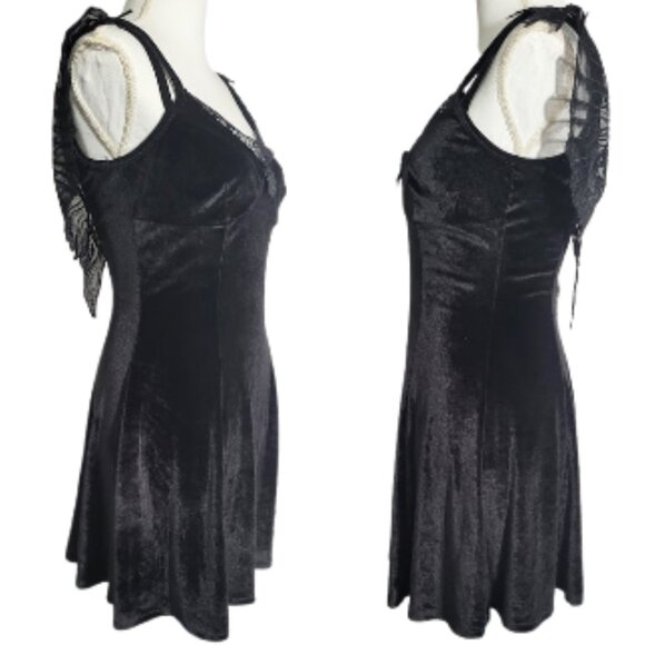 NO BRAND Spaghetti Strap Black Dark Fairy Velvet Laced Wing Dress Women's M - Picture 2 of 7